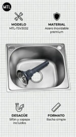 BACHA COCINA MTL ACERO INOXIDABLE PLATEADO (MEDIDAS 42 LARGO X 37 ANCHO X 19 PROFUNDO) - Imagen 2