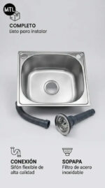 BACHA COCINA MTL ACERO INOXIDABLE PLATEADO (MEDIDAS 42 LARGO X 37 ANCHO X 19 PROFUNDO) - Imagen 3