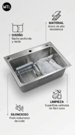BACHA COCINA MTL ACERO INOXIDABLE PLATEADO (MEDIDAS 70 LARGO X 40 ANCHO X 20 PROFUNDO) - Imagen 2